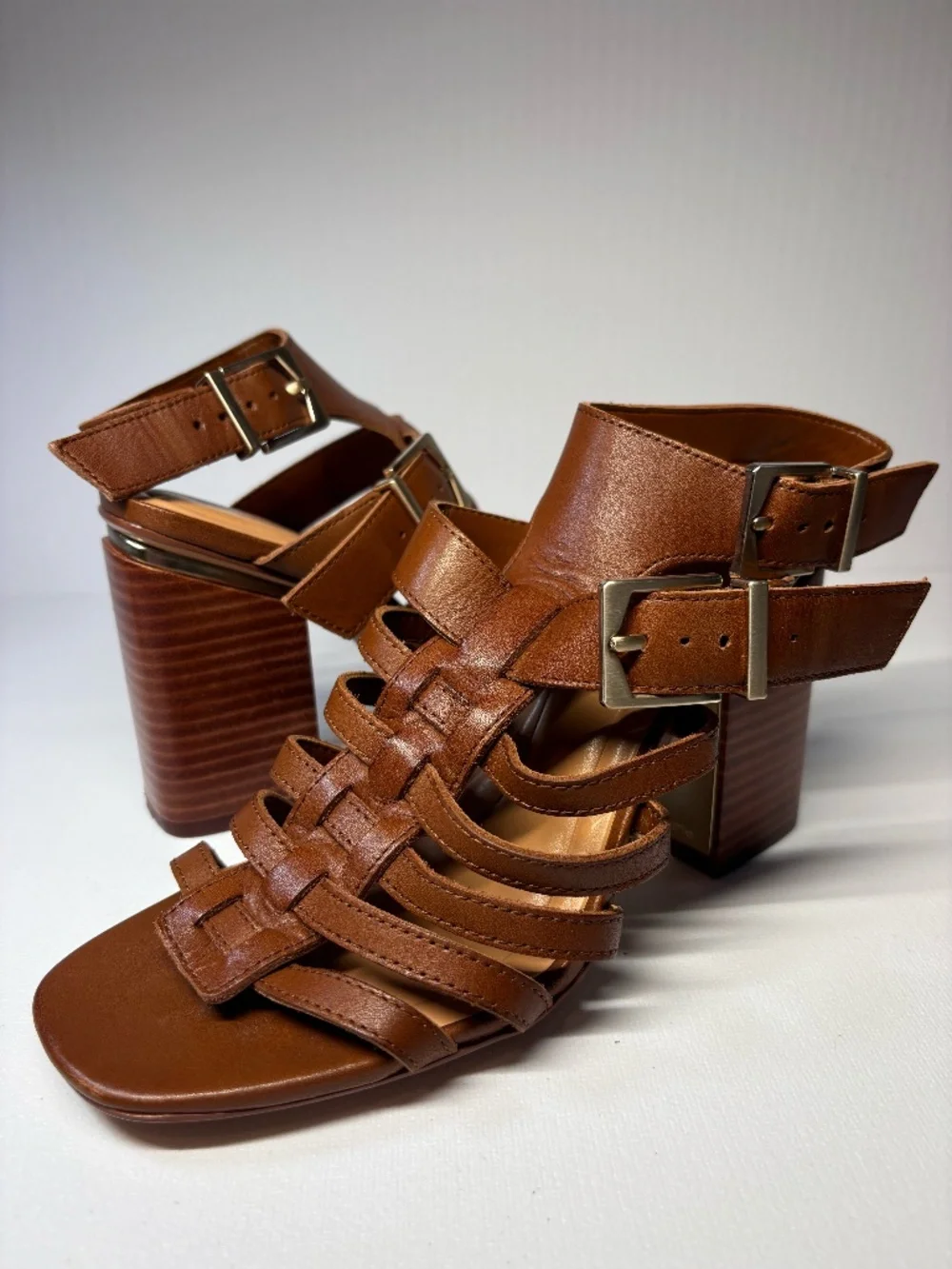 Vince Camuto Cognac Brown Gladiator Block Heel Sandals Buckle Strap Heels Size 6